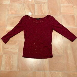 Ambiance Women's Burgundy Red Floral Lace 3/4 Long Sleeve Top